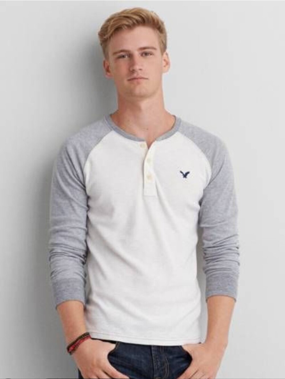 American Eagle Outfitters White Body with Gray Raglan Henley Long Sleeve